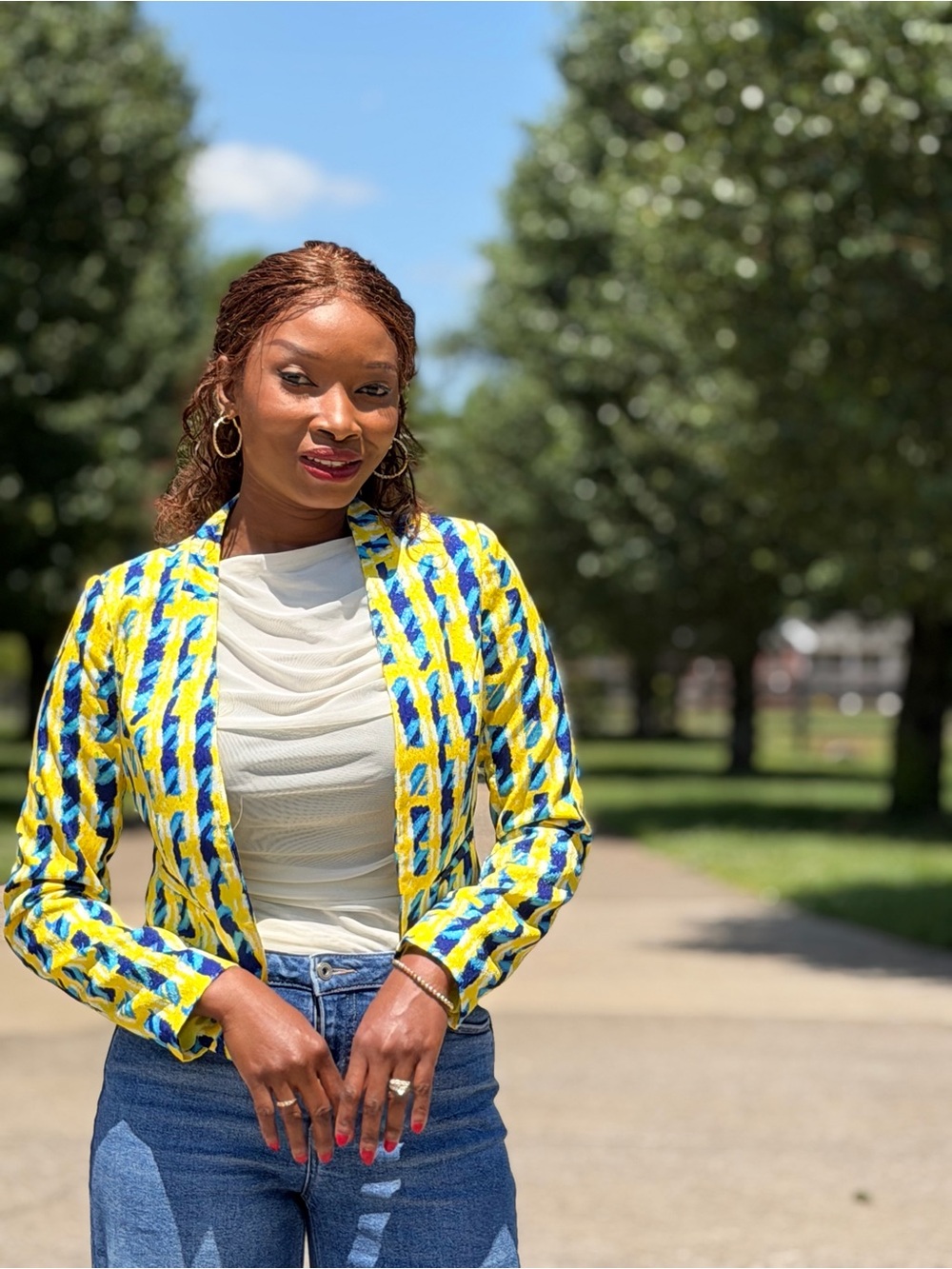 Vibrant Yellow & Blue Printed Crop Jacket